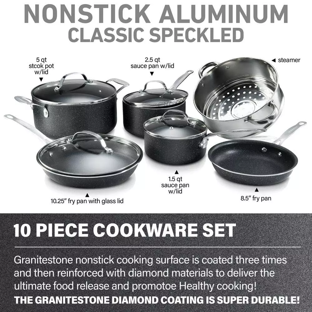 10-Piece Aluminum Ultra-Durable Non-Stick Diamond Infused Cookware Set with Glass Lids by GRANITESTONE 4 10-Piece Aluminum Ultra-Durable Non-Stick Diamond Infused Cookware Set with Glass Lids by GRANITESTONE - Image 2