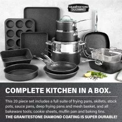 20-Piece Aluminum Ultra-Durable Non-Stick Diamond Infused Cookware and Bakeware Set by GRANITESTONE 15 20-Piece Aluminum Ultra-Durable Non-Stick Diamond Infused Cookware and Bakeware Set by GRANITESTONE -Cookware Sales Shop charcoal granitestone pot pan sets 7081 c3 1000