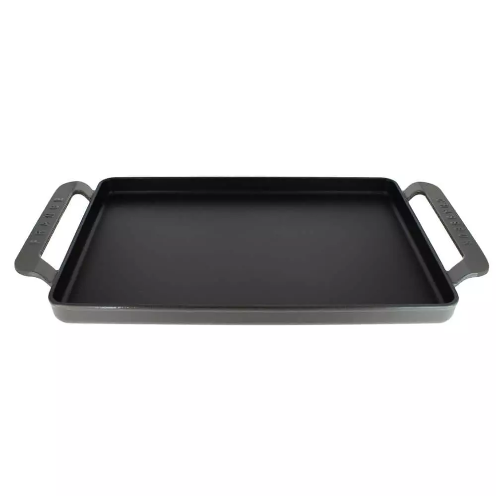 French Enameled 14 in. Rectangular Cast Iron Griddle in Caviar Grey by Chasseur 3 French Enameled 14 in. Rectangular Cast Iron Griddle in Caviar Grey by Chasseur
