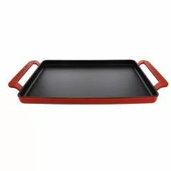 French Enameled 14 in. Rectangular Cast Iron Griddle in Red by Chasseur