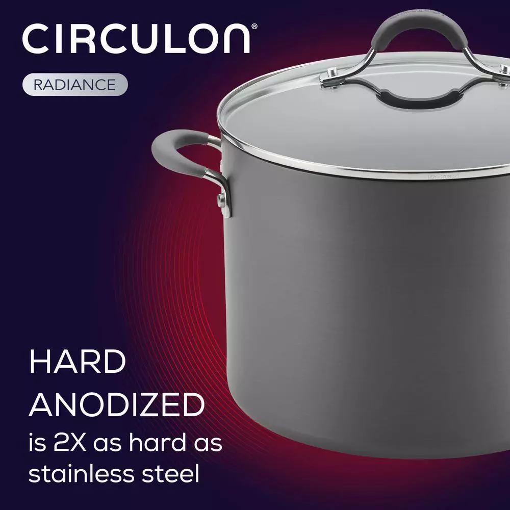 Radiance 10 qt. Hard-Anodized Aluminum Nonstick Stock Pot in Gray with Glass Lid by Circulon 5 Radiance 10 qt. Hard-Anodized Aluminum Nonstick Stock Pot in Gray with Glass Lid by Circulon - Image 3