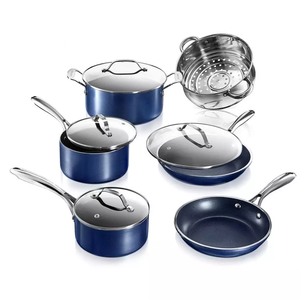 Classic Blue 10-Piece Aluminum Ultra-Durable Non-Stick Diamond Infused Cookware Set with Glass Lids by GRANITESTONE 3 Classic Blue 10-Piece Aluminum Ultra-Durable Non-Stick Diamond Infused Cookware Set with Glass Lids by GRANITESTONE