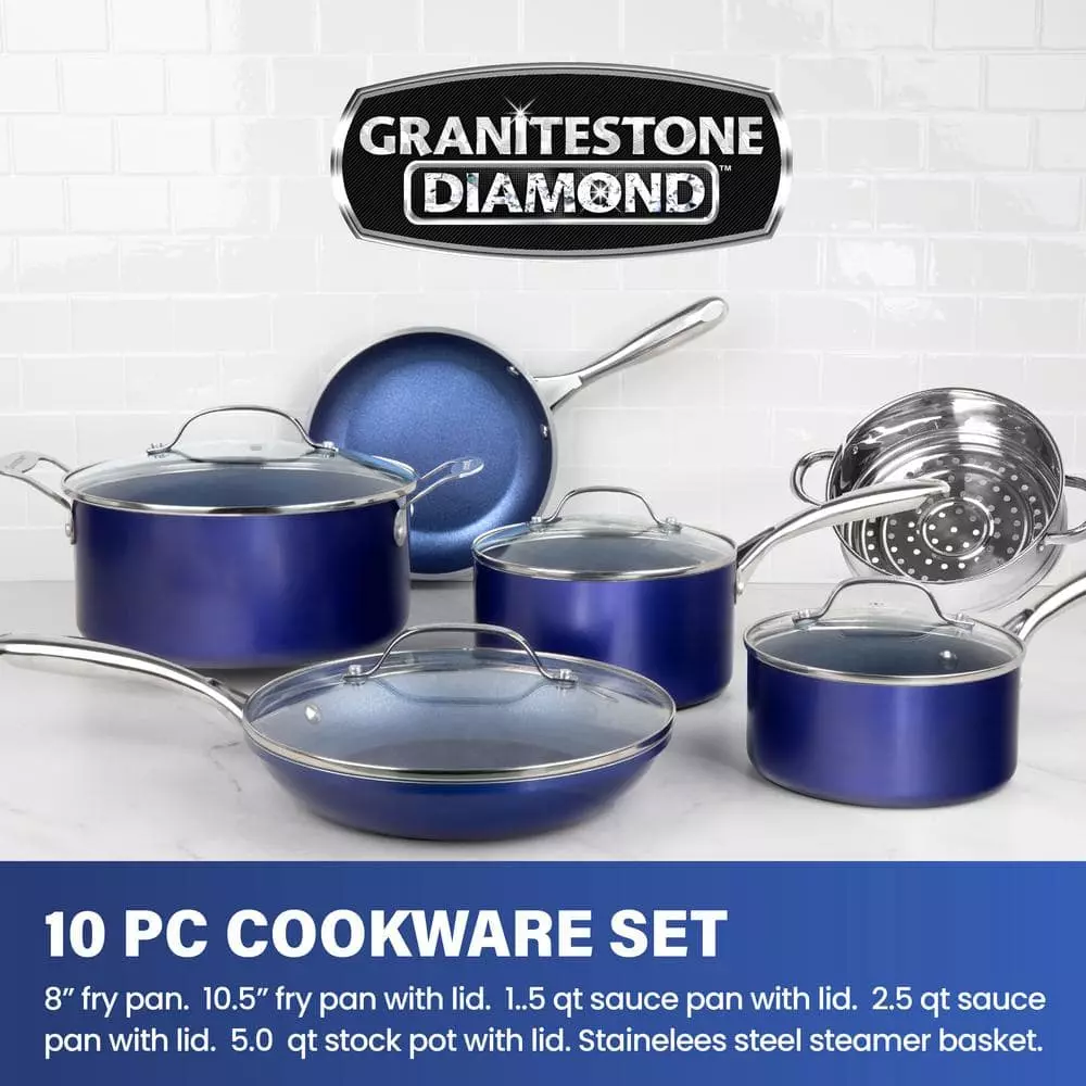 Classic Blue 10-Piece Aluminum Ultra-Durable Non-Stick Diamond Infused Cookware Set with Glass Lids by GRANITESTONE 4 Classic Blue 10-Piece Aluminum Ultra-Durable Non-Stick Diamond Infused Cookware Set with Glass Lids by GRANITESTONE - Image 2