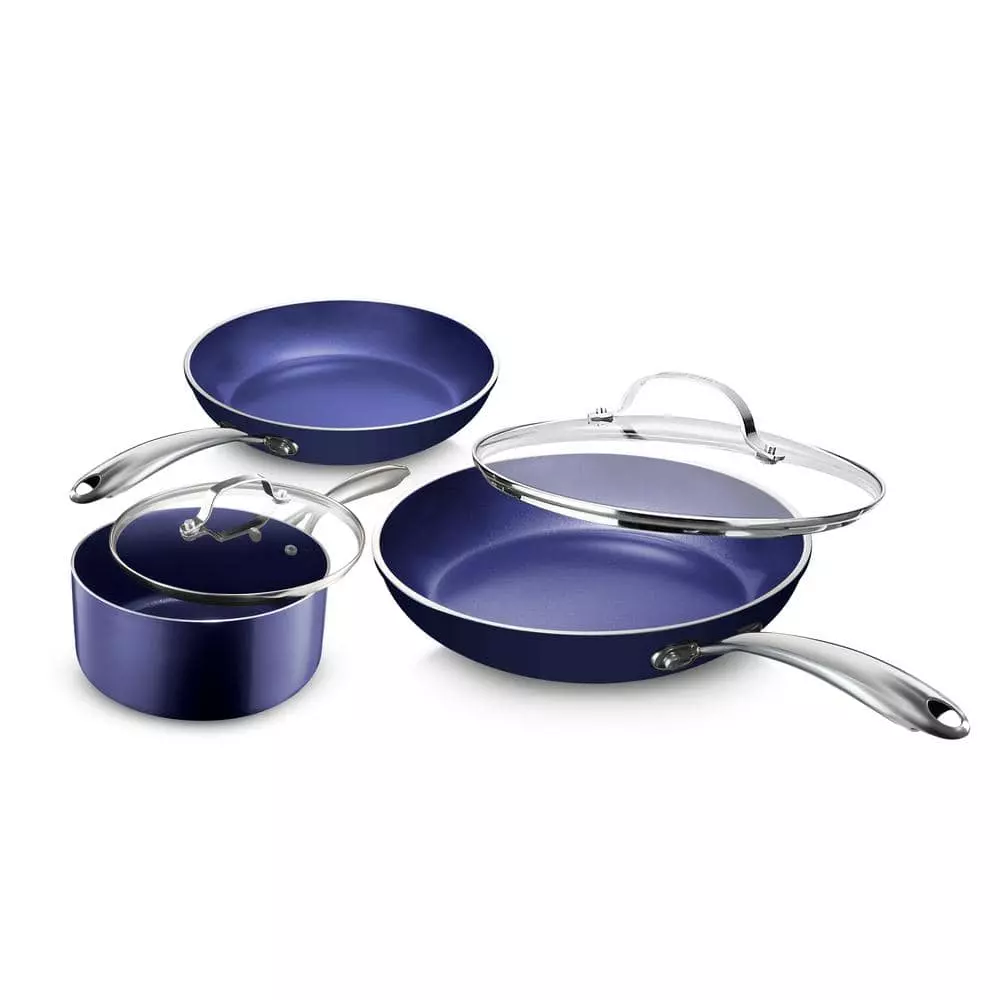 Classic Blue 5-Piece Aluminum Ultra-Durable Non-Stick Diamond Infused Cookware Set with Glass Lids by GRANITESTONE 3 Classic Blue 5-Piece Aluminum Ultra-Durable Non-Stick Diamond Infused Cookware Set with Glass Lids by GRANITESTONE