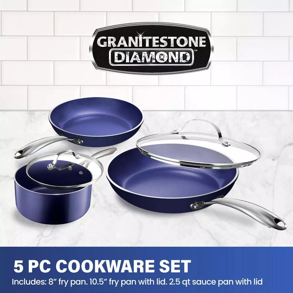 Classic Blue 5-Piece Aluminum Ultra-Durable Non-Stick Diamond Infused Cookware Set with Glass Lids by GRANITESTONE 5 Classic Blue 5-Piece Aluminum Ultra-Durable Non-Stick Diamond Infused Cookware Set with Glass Lids by GRANITESTONE - Image 3