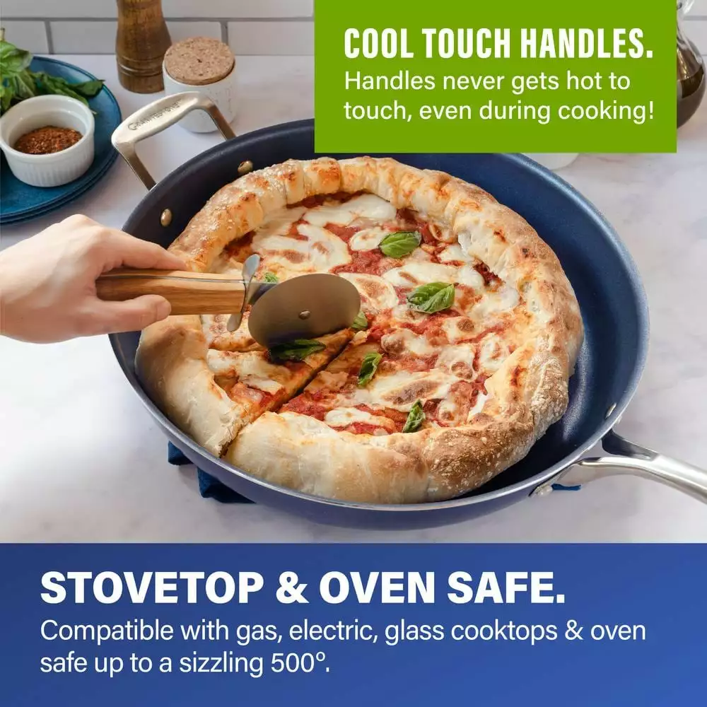 Classic Blue 14 in. Aluminum Ultra-Durable Diamond Infused Family Skillet with Glass Lid and Helper Handle by GRANITESTONE 6 Classic Blue 14 in. Aluminum Ultra-Durable Diamond Infused Family Skillet with Glass Lid and Helper Handle by GRANITESTONE - Image 4