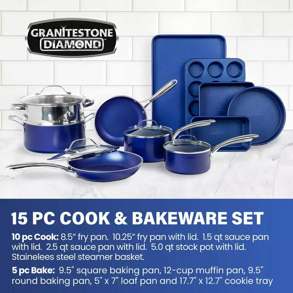 Classic Blue 15-Piece Aluminum Ultra-Durable Non-Stick Diamond Infused Cookware and Bakeware Set by GRANITESTONE 4 Classic Blue 15-Piece Aluminum Ultra-Durable Non-Stick Diamond Infused Cookware and Bakeware Set by GRANITESTONE - Image 2