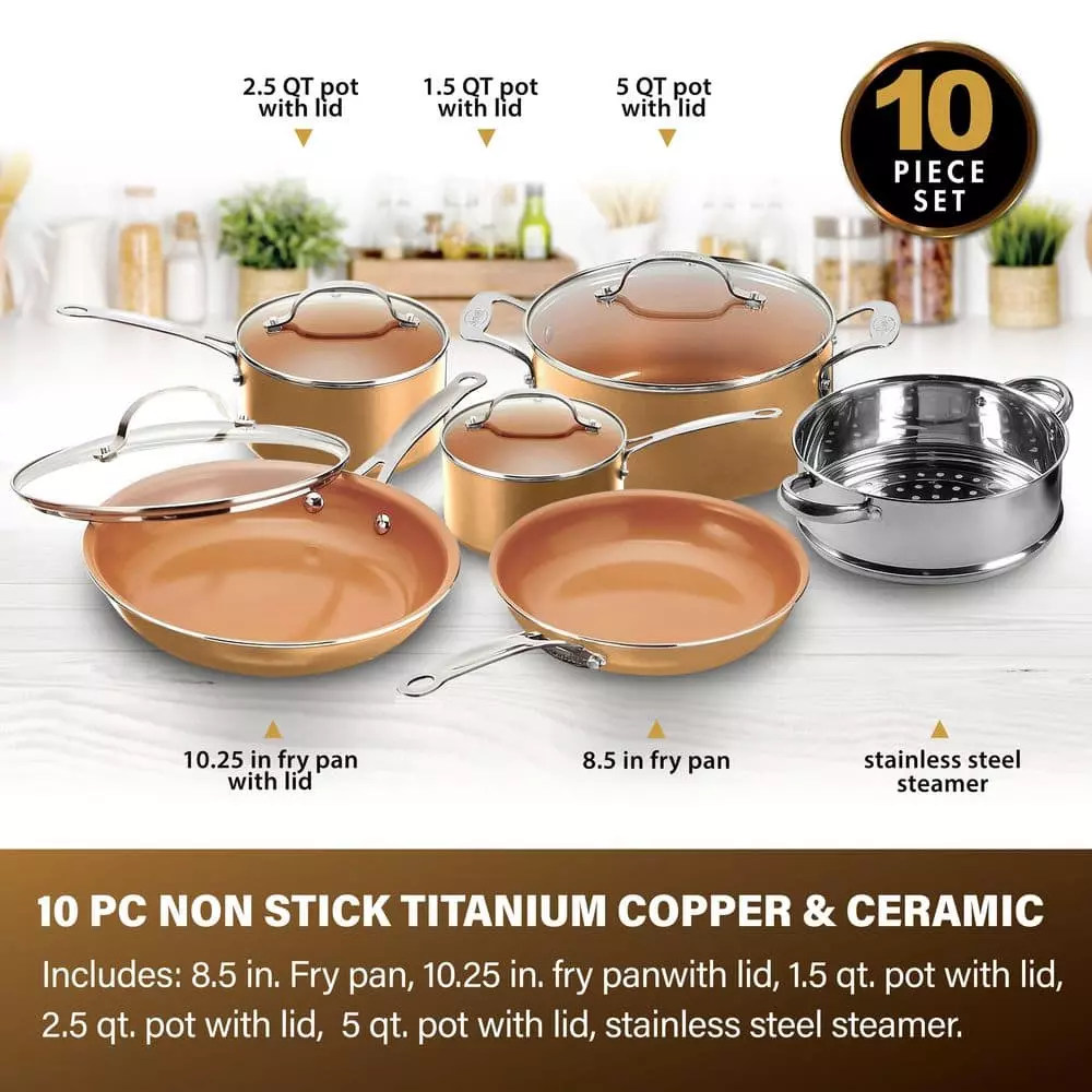 10-Piece Aluminum Ti-Ceramic Nonstick Round Cookware Set with Lids in Copper by Gotham Steel 5 10-Piece Aluminum Ti-Ceramic Nonstick Round Cookware Set with Lids in Copper by Gotham Steel - Image 3