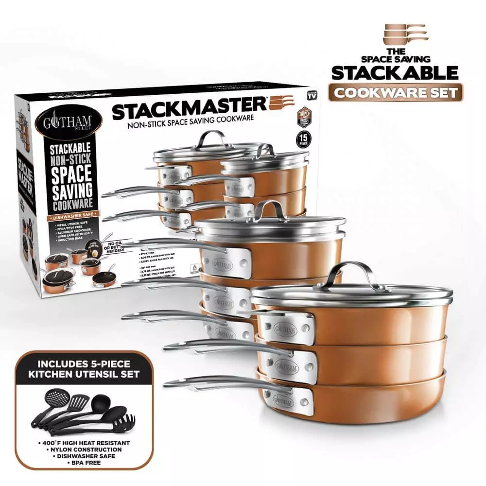 StackMaster 15-Piece Aluminum Ultra-Nonstick Cast Textured Ceramic Coating Cookware Set by Gotham Steel 3 StackMaster 15-Piece Aluminum Ultra-Nonstick Cast Textured Ceramic Coating Cookware Set by Gotham Steel