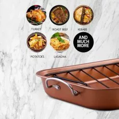 5.5 Qt. Non-Stick Roasting Pan With Carving Set by OVENTE 16 5.5 Qt. Non-Stick Roasting Pan With Carving Set by OVENTE -Cookware Sales Shop copper ovente roasting pans cwr24619co 1f 1000