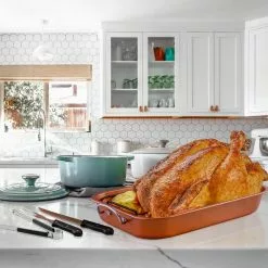 5.5 Qt. Non-Stick Roasting Pan With Carving Set by OVENTE 20 5.5 Qt. Non-Stick Roasting Pan With Carving Set by OVENTE -Cookware Sales Shop copper ovente roasting pans cwr24619co 31 1000