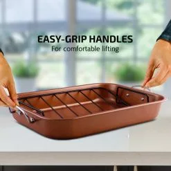 5.5 Qt. Non-Stick Roasting Pan With Carving Set by OVENTE 14 5.5 Qt. Non-Stick Roasting Pan With Carving Set by OVENTE -Cookware Sales Shop copper ovente roasting pans cwr24619co c3 1000