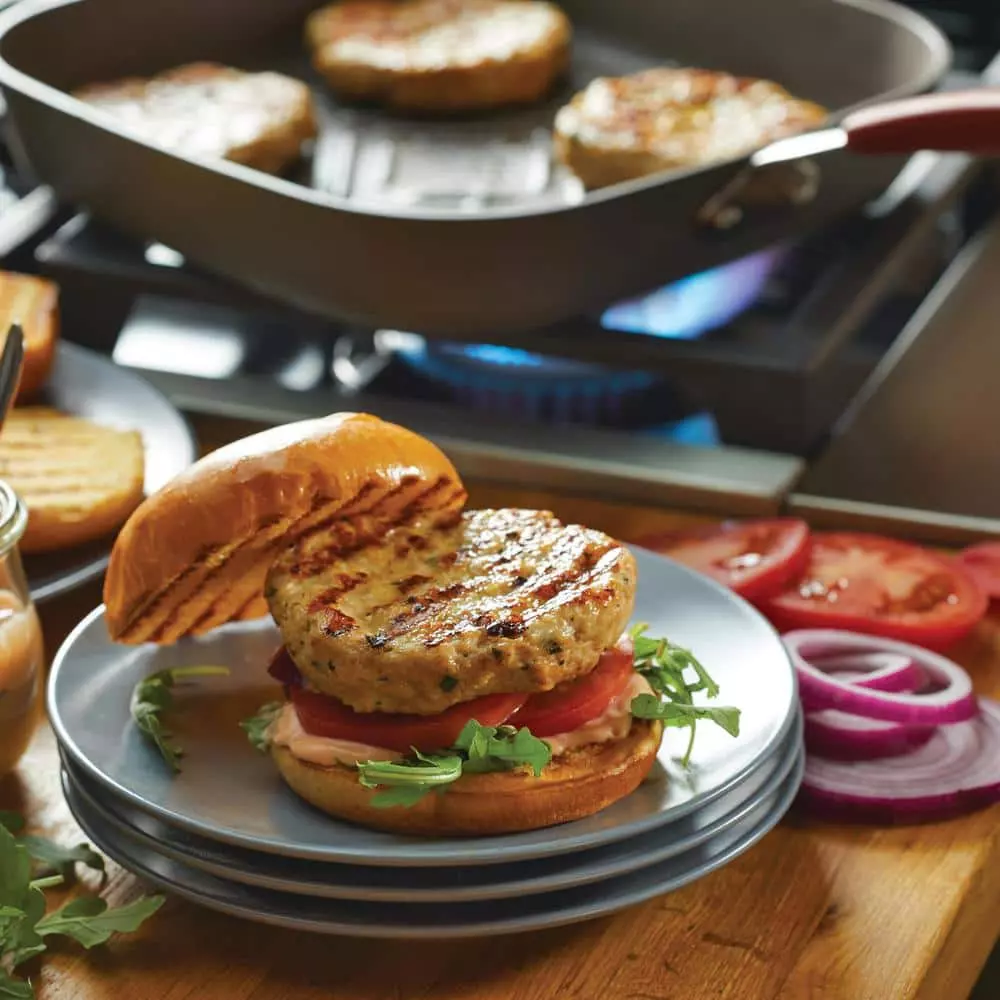 Cucina 11 in. Hard-Anodized Aluminum Nonstick Grill Pan in Cranberry Red and Gray by Rachael Ray 10 Cucina 11 in. Hard-Anodized Aluminum Nonstick Grill Pan in Cranberry Red and Gray by Rachael Ray - Image 8