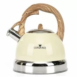 12 Cups Creamy White Stainless Steel Whistling Tea Kettle Teapot with Ergonomic Wood Rubber Touching Handle by Creative Home
