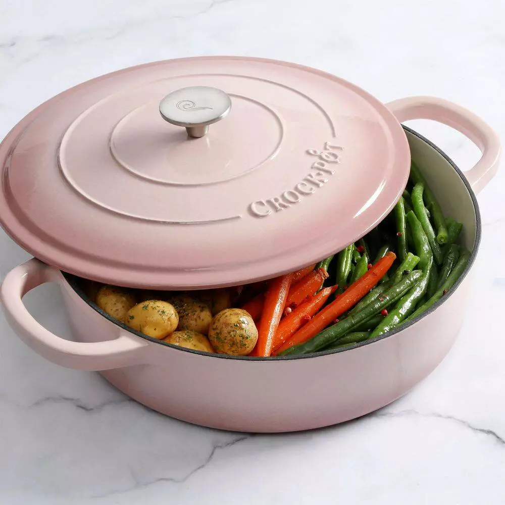 Artisan 5 qt. Blush Pink Round Enameled Cast Iron Braiser Pan with Self Basting Lid by Crock-Pot 8 Artisan 5 qt. Blush Pink Round Enameled Cast Iron Braiser Pan with Self Basting Lid by Crock-Pot - Image 6