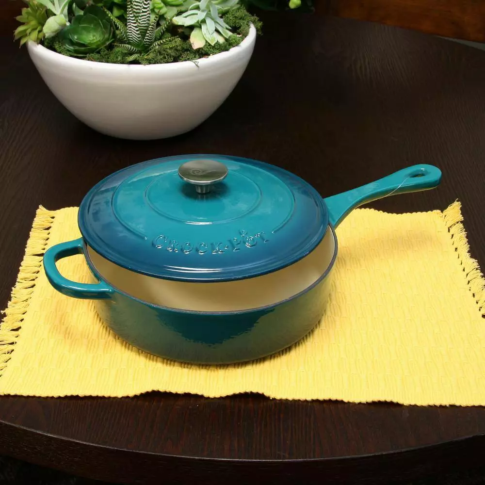 Artisan 3.5 qt. Cast Iron Nonstick Saute Pan in Teal Ombre with Lid by Crock-Pot 6 Artisan 3.5 qt. Cast Iron Nonstick Saute Pan in Teal Ombre with Lid by Crock-Pot - Image 4