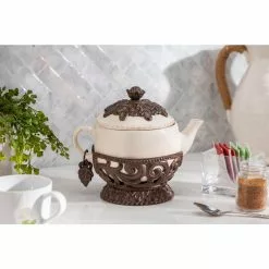 4-Cup Acanthus Ceramic Teapot with Metal Base by Unbranded 13 4-Cup Acanthus Ceramic Teapot with Metal Base by Unbranded -Cookware Sales Shop dark brown tea kettles 31827 fa 1000