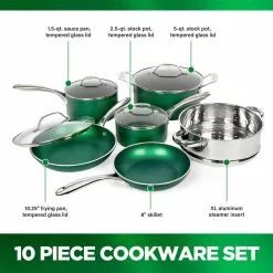 Emerald Green10-Piece Aluminum Ultra-Durable Non-Stick Diamond Infused Cookware Set with Glass Lids by GRANITESTONE -Cookware Sales Shop emerald green granitestone pot pan sets 7386 44 1000