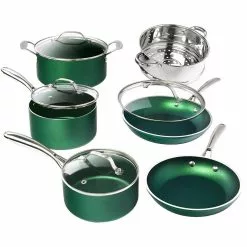 Emerald Green10-Piece Aluminum Ultra-Durable Non-Stick Diamond Infused Cookware Set with Glass Lids by GRANITESTONE