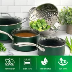 Emerald Green10-Piece Aluminum Ultra-Durable Non-Stick Diamond Infused Cookware Set with Glass Lids by GRANITESTONE -Cookware Sales Shop emerald green granitestone pot pan sets 7386 c3 1000