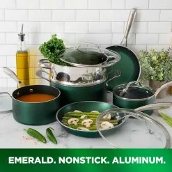 Emerald Green10-Piece Aluminum Ultra-Durable Non-Stick Diamond Infused Cookware Set with Glass Lids by GRANITESTONE -Cookware Sales Shop emerald green granitestone pot pan sets 7386 fa 1000