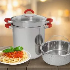 12 Qt. Stainless Steel Multi-Cooker Pasta Pot with Lid and Red Silicone Handles by ExcelSteel 17 12 Qt. Stainless Steel Multi-Cooker Pasta Pot with Lid and Red Silicone Handles by ExcelSteel -Cookware Sales Shop excelsteel stock pots 526 31 1000