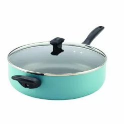Dishwasher Safe 6 qt. Aluminum Nonstick Saute Pan in Aqua with Glass Lid by Farberware