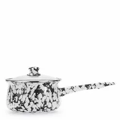 Black Swirl 1.25 qt. Porcelain-Coated Steel Sauce Pan in Sea Glass with Glass Lid by Golden Rabbit