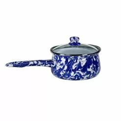 Cobalt Swirl 1.25 qt. Porcelain-Coated Steel Sauce Pan in Sea Glass with Glass Lid by Golden Rabbit