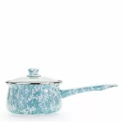 Enamelware 1.25 qt. Porcelain-Coated Steel Sauce Pan in Sea Glass with Glass Lid by Golden Rabbit
