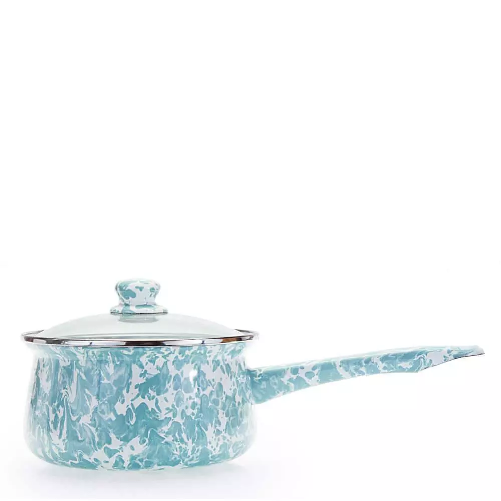 Enamelware 1.25 qt. Porcelain-Coated Steel Sauce Pan in Sea Glass with Glass Lid by Golden Rabbit 3 Enamelware 1.25 qt. Porcelain-Coated Steel Sauce Pan in Sea Glass with Glass Lid by Golden Rabbit