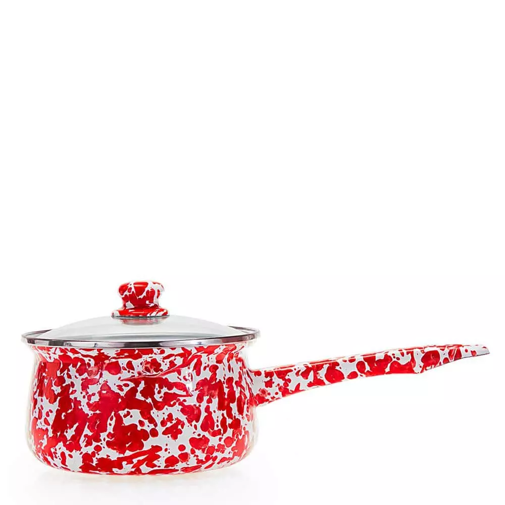 Red Swirl 1.25 qt. Porcelain-Coated Steel Sauce Pan in Sea Glass with Glass Lid by Golden Rabbit 2 Red Swirl 1.25 qt. Porcelain-Coated Steel Sauce Pan in Sea Glass with Glass Lid by Golden Rabbit