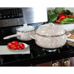 Taupe Swirl 1.25 qt. Porcelain-Coated Steel Sauce Pan in Sea Glass with Glass Lid by Golden Rabbit -Cookware Sales Shop golden rabbit sauce pans tp19 31 1000