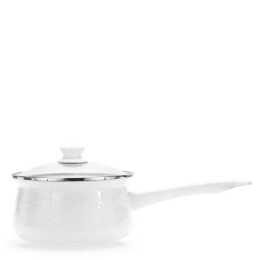 Enamelware 1.25 qt. Porcelain-Coated Steel Sauce Pan in Solid White with Glass Lid by Golden Rabbit 3 Enamelware 1.25 qt. Porcelain-Coated Steel Sauce Pan in Solid White with Glass Lid by Golden Rabbit