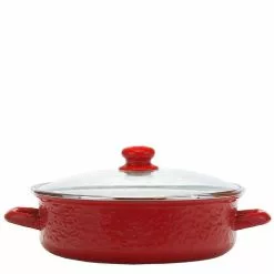 Solid Red 3 qt. Enamelware Saute Pan with Glass Lid by Golden Rabbit