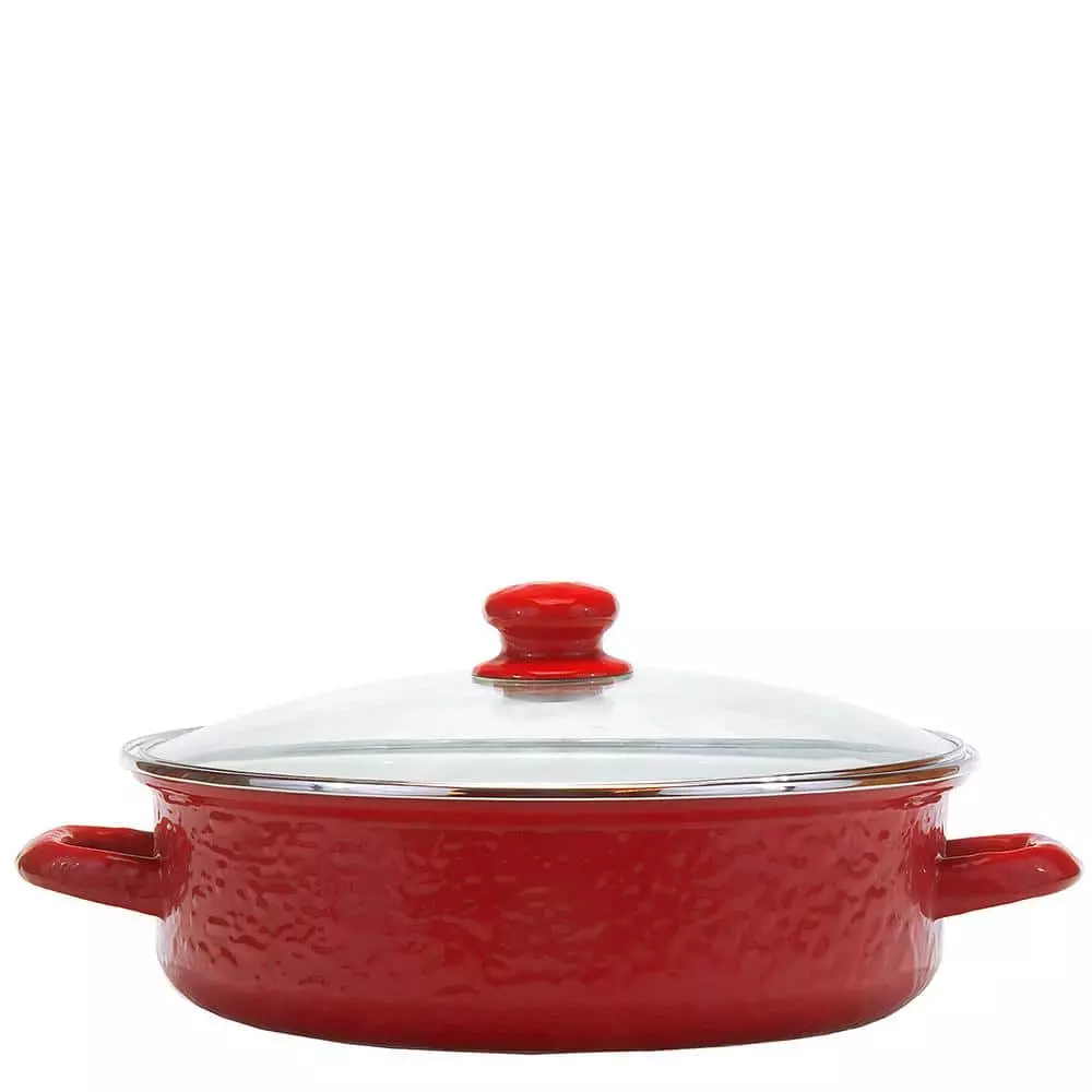 Solid Red 3 qt. Enamelware Saute Pan with Glass Lid by Golden Rabbit 3 Solid Red 3 qt. Enamelware Saute Pan with Glass Lid by Golden Rabbit