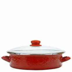 Solid Red 5 qt. Enamelware Saute Pan with Glass Lid by Golden Rabbit