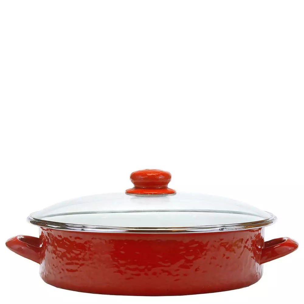 Solid Red 5 qt. Enamelware Saute Pan with Glass Lid by Golden Rabbit 3 Solid Red 5 qt. Enamelware Saute Pan with Glass Lid by Golden Rabbit