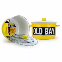 Old Bay 18 qt. Porcelain-Enameled Steel Stock Pot in Yellow with Glass Lid by Golden Rabbit