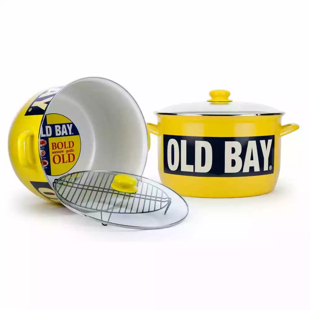 Old Bay 18 qt. Porcelain-Enameled Steel Stock Pot in Yellow with Glass Lid by Golden Rabbit 3 Old Bay 18 qt. Porcelain-Enameled Steel Stock Pot in Yellow with Glass Lid by Golden Rabbit