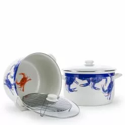 Blue Crab 18 qt. Porcelain-Coated Steel Stock Pot in Blue with Glass Lid by Golden Rabbit