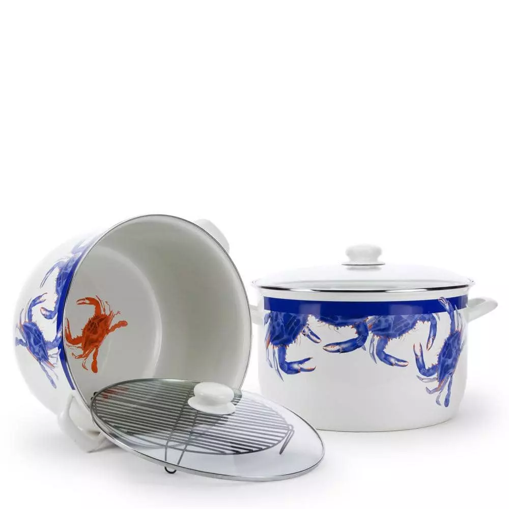 Blue Crab 18 qt. Porcelain-Coated Steel Stock Pot in Blue with Glass Lid by Golden Rabbit 3 Blue Crab 18 qt. Porcelain-Coated Steel Stock Pot in Blue with Glass Lid by Golden Rabbit