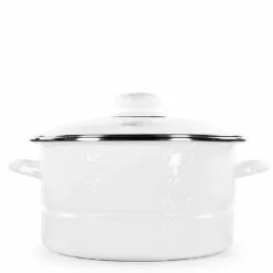 Enamelware 6 qt. Porcelain-Coated Steel Stock Pot in Solid White with Glass Lid by Golden Rabbit