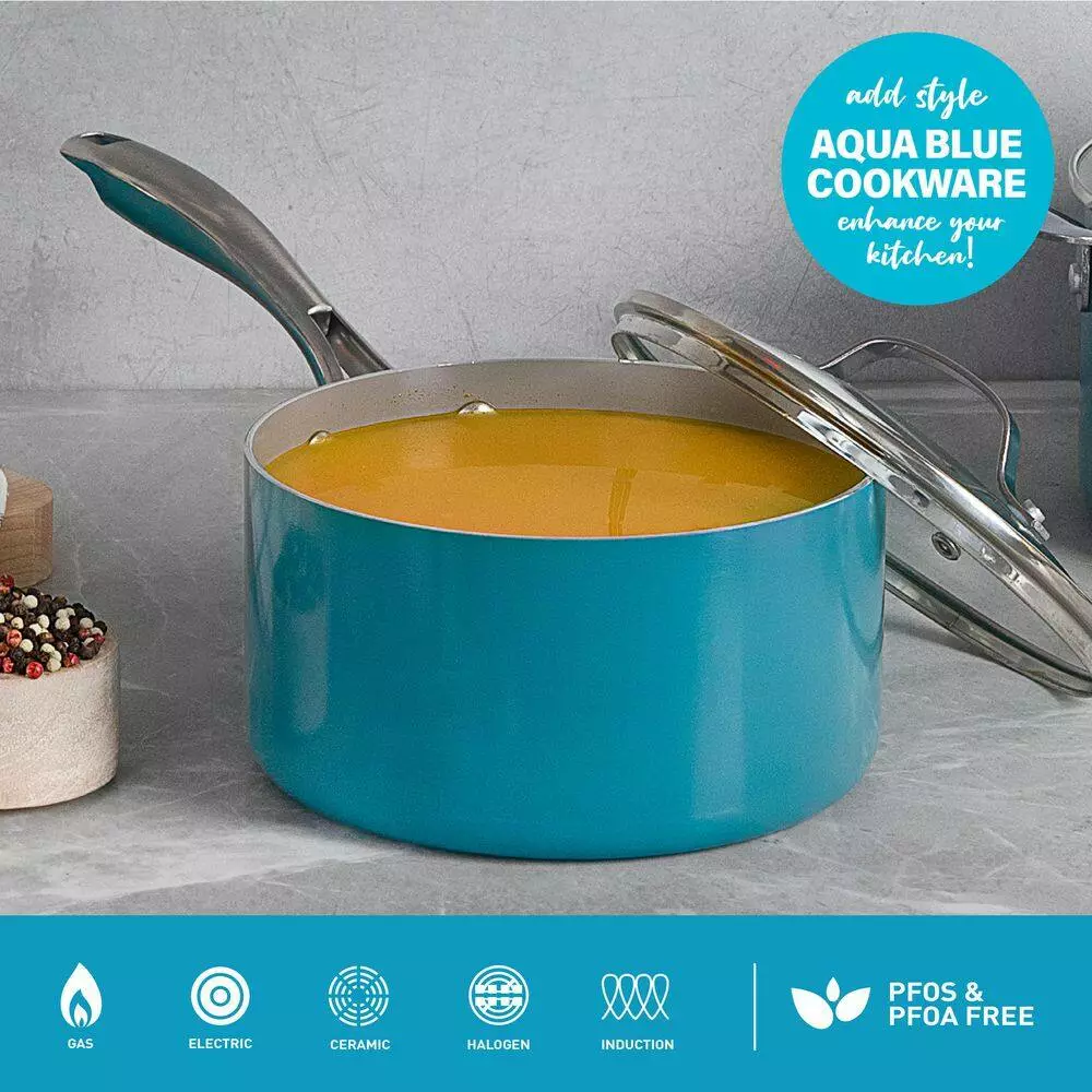 Aqua Blue 3 qt. Aluminum Ceramic Nonstick Saucepan with Glass Lid by Gotham Steel 5 Aqua Blue 3 qt. Aluminum Ceramic Nonstick Saucepan with Glass Lid by Gotham Steel - Image 3