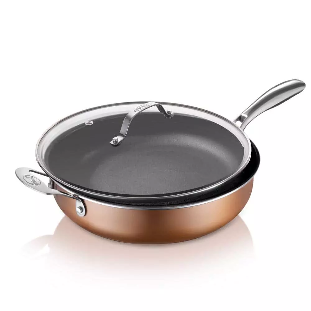 5.5 qt. Aluminum Cast Textured Coating Non-Stick Deep Saute Pan with Glass Lid and Helper Handle by Gotham Steel 3 5.5 qt. Aluminum Cast Textured Coating Non-Stick Deep Saute Pan with Glass Lid and Helper Handle by Gotham Steel