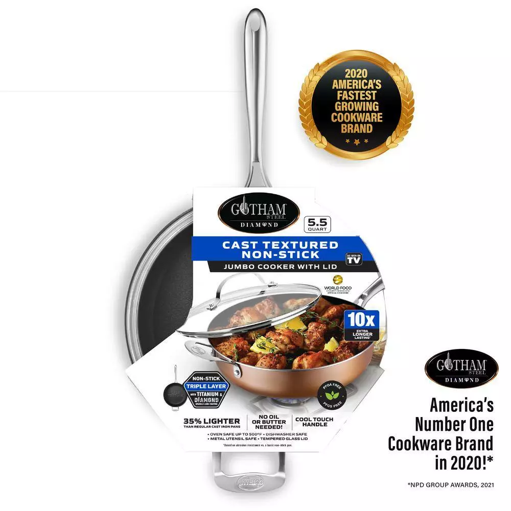 5.5 qt. Aluminum Cast Textured Coating Non-Stick Deep Saute Pan with Glass Lid and Helper Handle by Gotham Steel 9 5.5 qt. Aluminum Cast Textured Coating Non-Stick Deep Saute Pan with Glass Lid and Helper Handle by Gotham Steel - Image 7