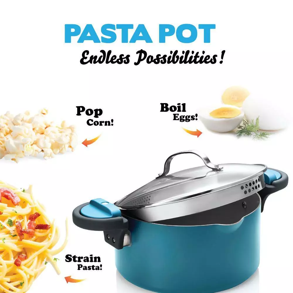 Aqua Blue 5 qt. Non-Stick Aluminum Ti-Ceramic Pasta Pot with Built-In Strainer and Twist N' Lock Handles by Gotham Steel 6 Aqua Blue 5 qt. Non-Stick Aluminum Ti-Ceramic Pasta Pot with Built-In Strainer and Twist N' Lock Handles by Gotham Steel - Image 4