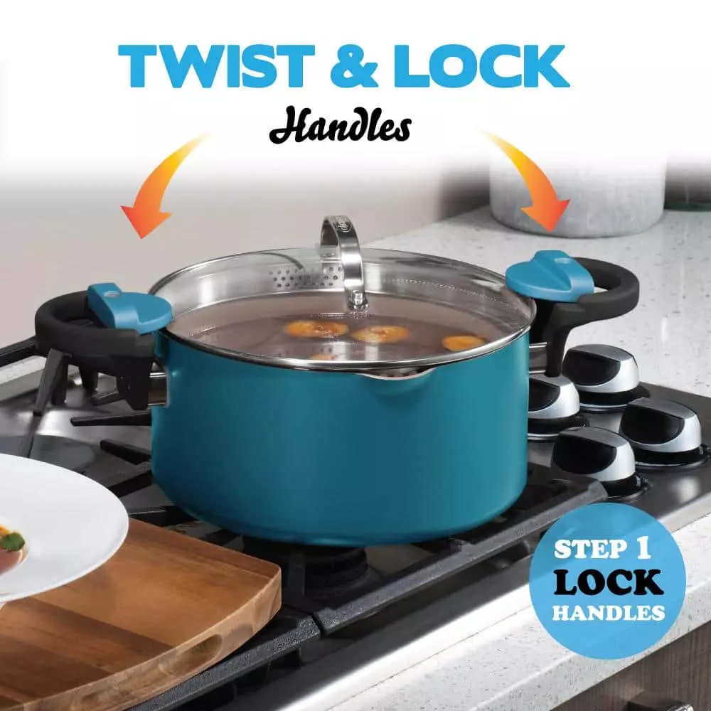 Aqua Blue 5 qt. Non-Stick Aluminum Ti-Ceramic Pasta Pot with Built-In Strainer and Twist N' Lock Handles by Gotham Steel 5 Aqua Blue 5 qt. Non-Stick Aluminum Ti-Ceramic Pasta Pot with Built-In Strainer and Twist N' Lock Handles by Gotham Steel - Image 3