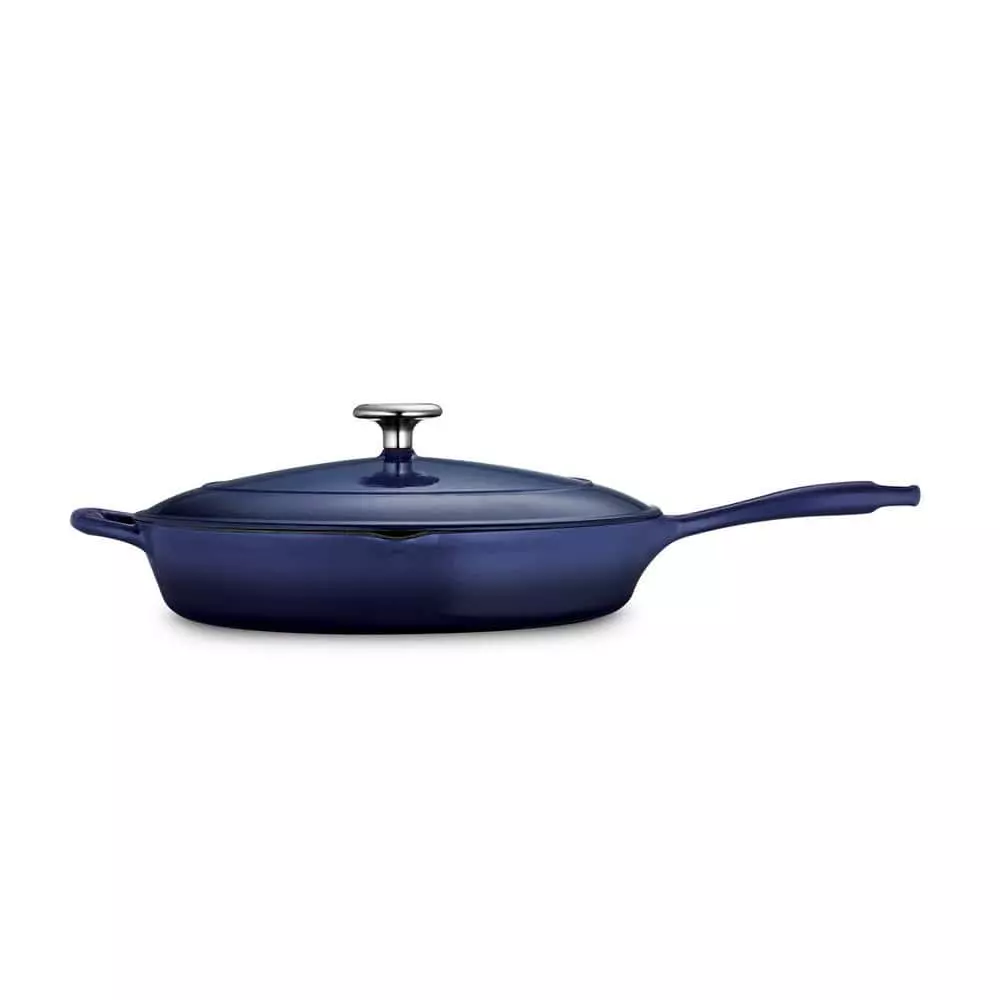 Gourmet 12 in. Enameled Cast Iron Skillet in Gradated Cobalt with Lid by Tramontina 4 Gourmet 12 in. Enameled Cast Iron Skillet in Gradated Cobalt with Lid by Tramontina - Image 2