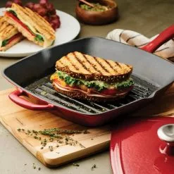 Gourmet 11.5 in. Enameled Cast Iron Grill Pan in Gradated Red with Bacon Press by Tramontina -Cookware Sales Shop gradated red tramontina grill pans 80131 059ds 4f 1000